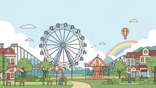 Colorful amusement park landscape with a large ferris wheel, merry-go-round, roller coaster, and a bright rainbow in the cloudy sky.