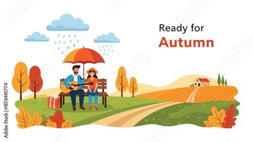Romantic autumn scene of a couple sitting on a park bench under an orange umbrella while the man plays guitar in the rainy countryside.