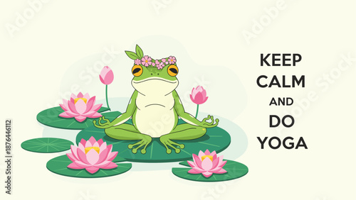 Peaceful green frog practicing yoga in a lotus position on a lily pad surrounded by blooming pink lotus flowers and buzzing honey bees.