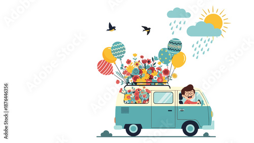 Young boy driving a vintage blue van with a roof rack piled high with colorful flowers and balloons during a gentle spring rain.