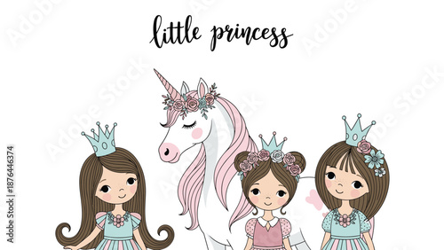 Three little princesses with long hair and crowns standing together in front of a magical white unicorn decorated with pink flowers.