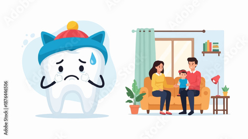 Cartoon tooth wearing a hat, and a family on a couch