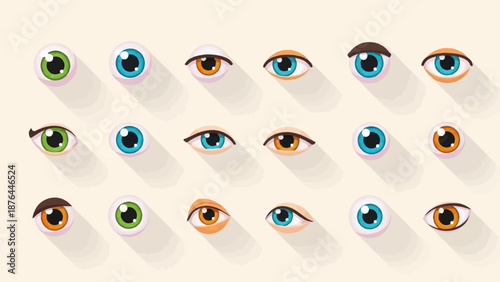 Cartoon style illustration of various human eyes in different colors and perspectives