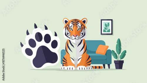 Cartoon tiger and paw print in a living room setting