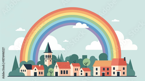 Cartoon village beneath a vibrant rainbow and fluffy clouds