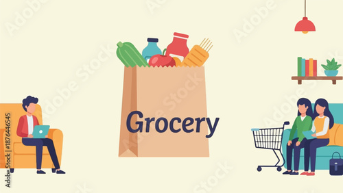 Cartoon scene depicts a man on a couch with a laptop, a grocery bag, and two women with a shopping cart