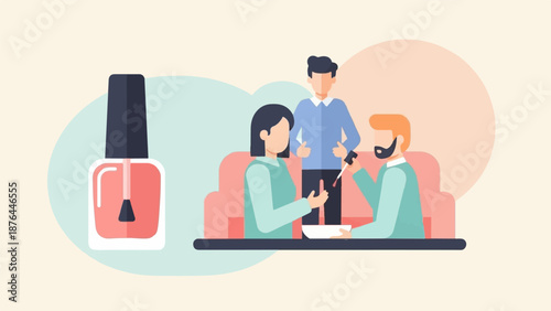 Cartoon of people applying nail polish with a bottle nearby