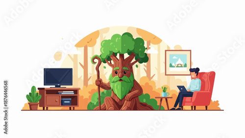 Autumn scene with a wise tree and person working on laptop