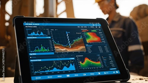 Engineer using tablet to analyze oil extraction data on industrial site