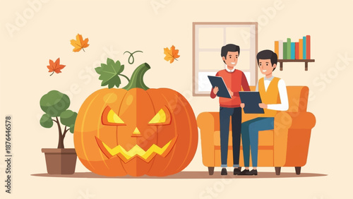 Autumnal interior scene with a carved jack-o'-lantern, two men, and autumnal decorations