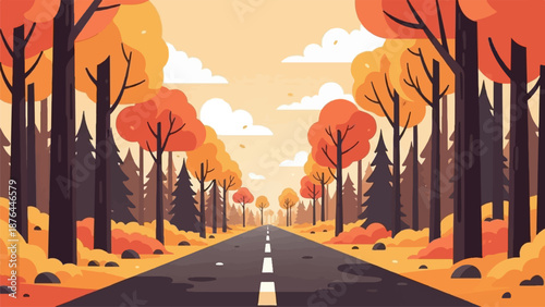Autumnal road through vibrant forest under a pastel sky