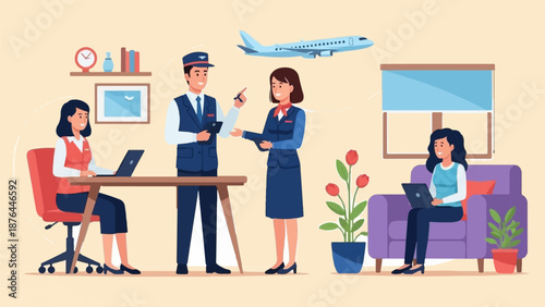 Aviation professionals collaborating in an office setting with a plane in the sky