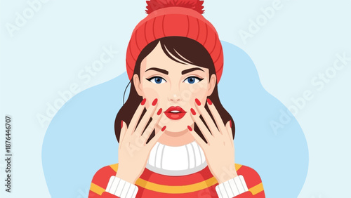 A woman wearing a red beanie and striped sweater, with striking blue eyes and red lipstick