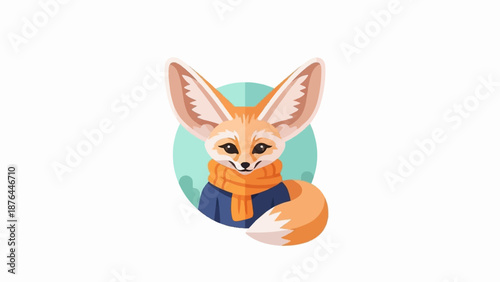 Adorable fennec fox wearing a scarf and jacket, with large ears, set against a circular background