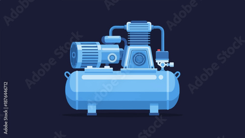 Blue air compressor with motor and tank against a dark background