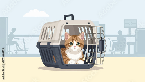 Adorable tabby kitten sits in a pet carrier at an airport