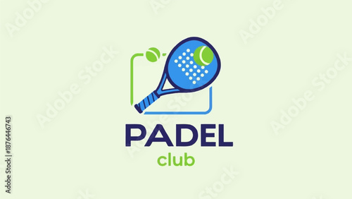 Blue padel racket hitting green ball, abstract border, text "PADEL club