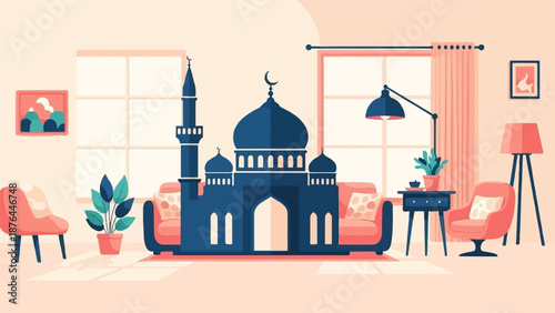 Blue mosque motif on couch in a cozy living room with plants and lamps