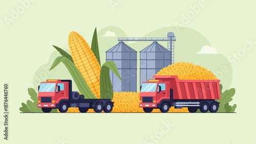 Agricultural harvest scene with trucks, silos, and corn