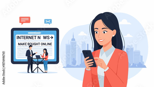 A woman with a smartphone smiles while city buildings are in the background near a digital screen displaying news and a laptop