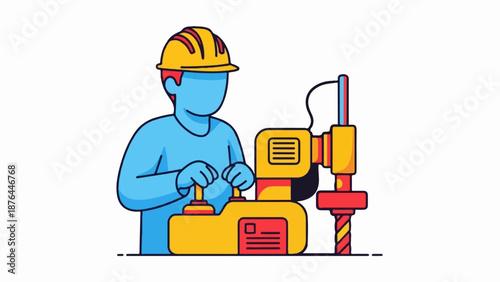 Blue worker in yellow hard hat operates industrial drilling machine with joysticks