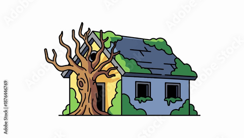 An abandoned, overgrown house with a gnarled tree in front