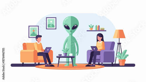 An alien visits two people working on laptops at home