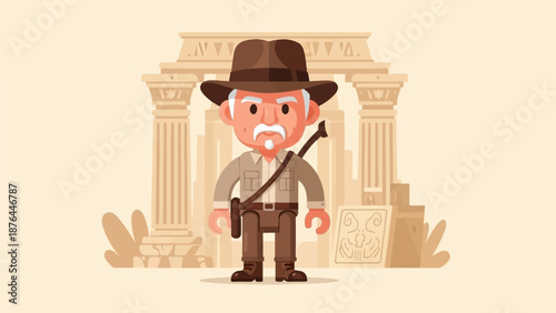 An adventurer stands in front of ancient ruins, wearing a hat and carrying a whip