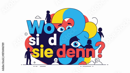 Bold German text and question marks with silhouetted figures and cartoon eyes on a white background