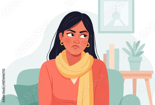 A woman with dark hair and a yellow scarf looks away with a displeased expression