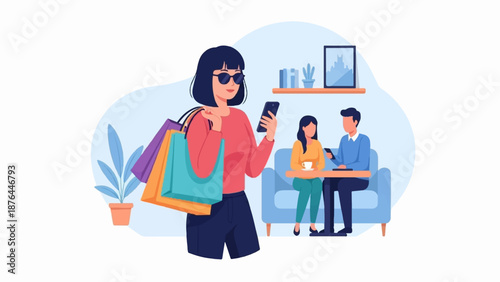 A woman with shopping bags checks her phone outside a cafe where a couple also uses their phones