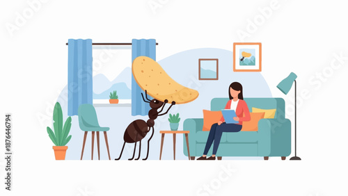 An ant carries a giant potato chip towards a woman sitting on a sofa