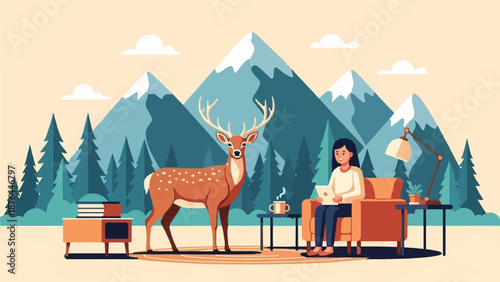 A woman works on a laptop in a cozy chair, with a deer and mountains in the background