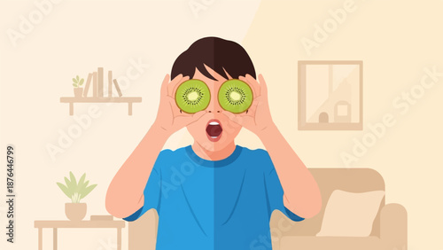 Boy with kiwi slices covering eyes, wide mouth, cartoon style, indoors