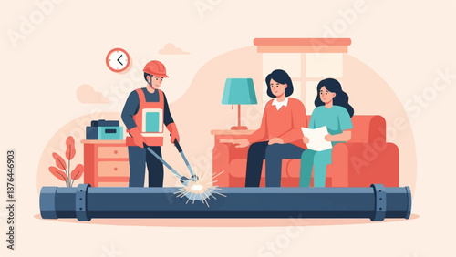 A worker repairs a pipe while clients observe