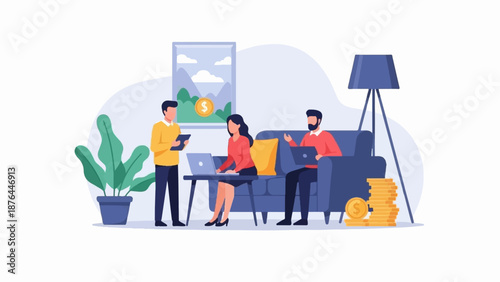 Business meeting with laptops and money stack in a modern living room