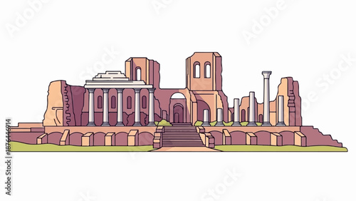 Ancient brick ruins with columns and archways stand against a white background