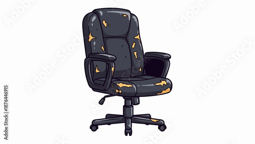 A worn black office chair with yellow peeling sections, set against a white backdrop
