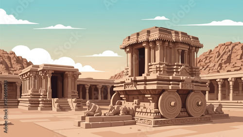 Ancient stone temple complex with ornate chariot and mountainous backdrop under a soft sky
