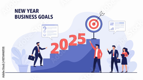 Business team climbs stairs towards 2025 goals and target