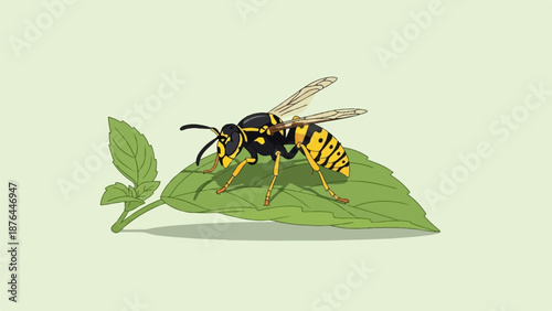 A yellow and black insect with translucent wings rests on a green leaf