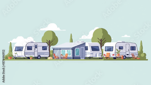 Caravan park with trees, awnings, chairs, a small dog, and cloudy sky