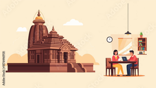 Ancient temple structure stands next to two people working on laptops in a modern room