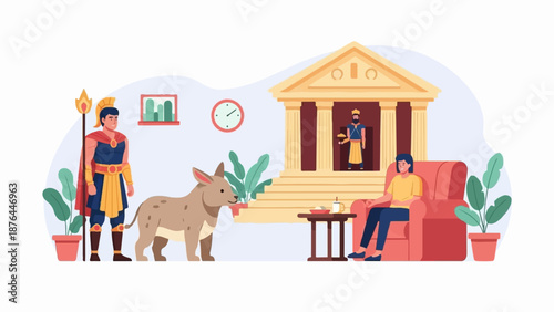 Ancient warrior stands guard near a curious animal by a classical building, a person relaxes indoors