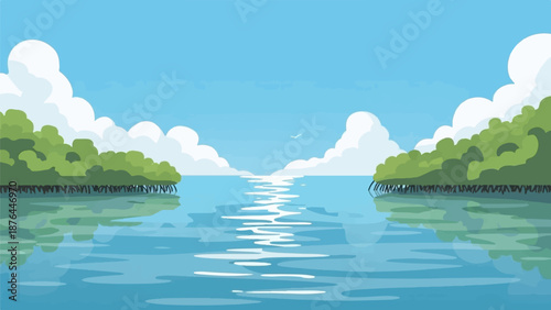 Calm water reflects trees under a blue sky with clouds and a distant bird