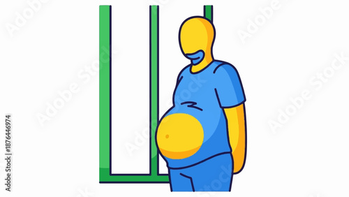 A yellow figure in a blue shirt and pants stands next to a green window frame, showing a large belly