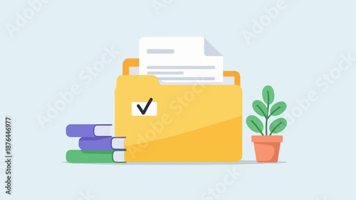 A yellow folder holds documents, near stacked books and a potted plant