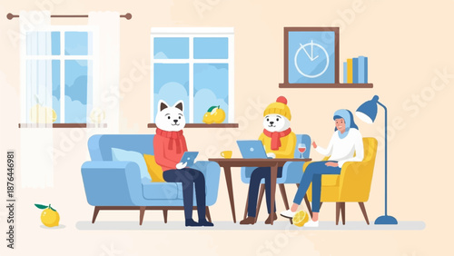 Animals in cozy room with lemons, working on laptops