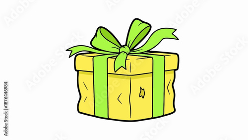 A yellow gift box with a bright green ribbon and bow sits against a white background
