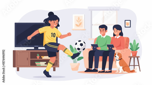 A young athlete plays soccer indoors while a couple watches on tablets and their dog sits nearby